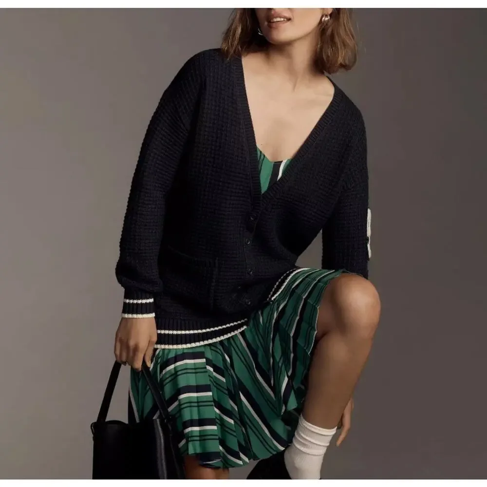 Anthropologie Navy Varsity Cardigan Sweater Twofer Layered Mixed Media Dress
